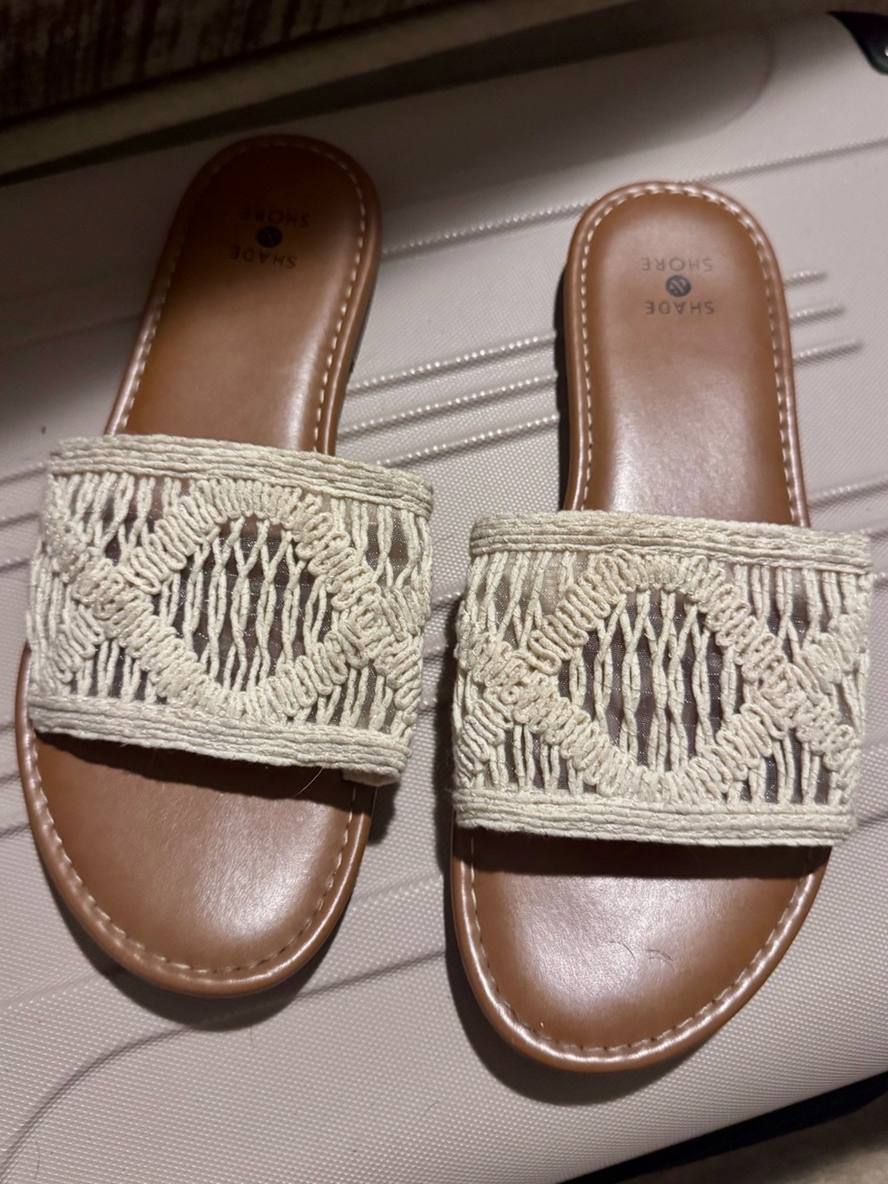 Shade & Shore Women’s Size 7 Crochet Slide Sandals Cream Tan Boho Beach